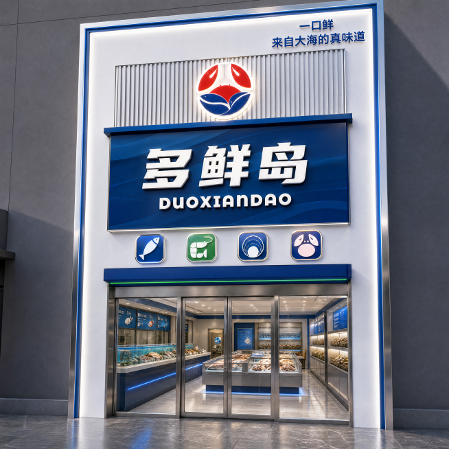 多鲜岛海鲜门店外立面，严格参照上传图1（蓝白简约风格）的建筑结构、招牌布局、门头格栅、橱窗位置与全部品牌文字（“多鲜岛 DUOXIANDAO”、“一口鲜 来自大海的真味道”），不改变原有建筑形态与比例预览效果
