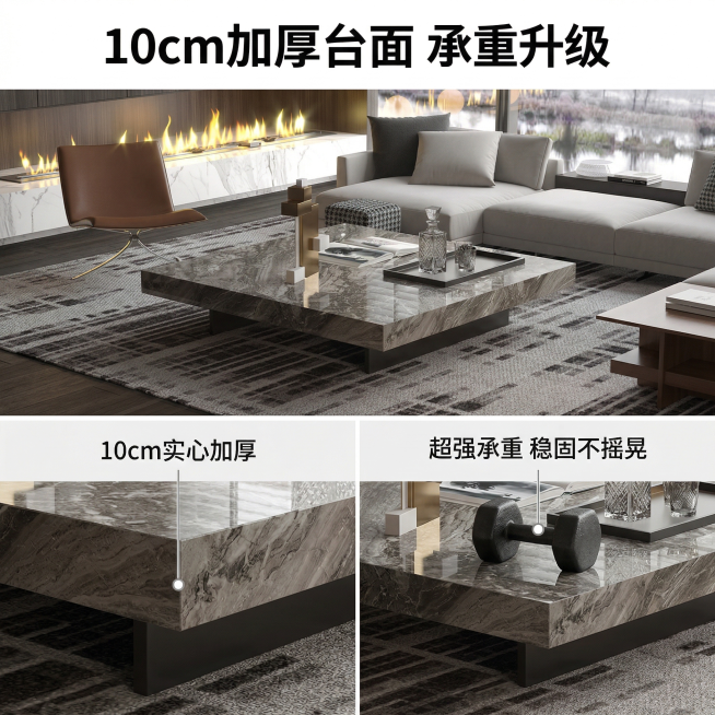 [主图2] 10cm加厚台面承重卖点图
[核心视觉]意式轻奢现代简约，高级材质透视，真实产品质感
[画面元素]上半部分展示茶几整体放在客厅场景中，下半部分左右分屏：左侧放大展示茶几侧边10cm厚度切面预览效果
