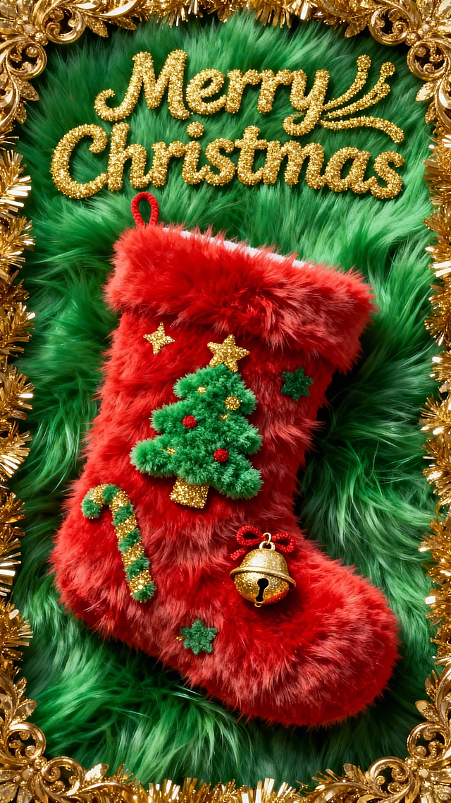 复古鎏金边框环绕，毛绒圣诞袜搭配刺绣风装饰，融合重拟物与毛发生长质感，营造喜庆温馨的卡通圣诞氛围。