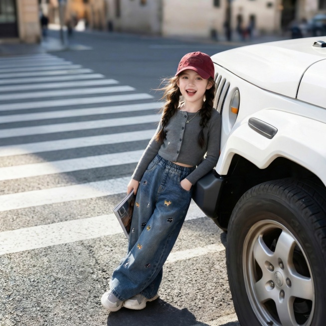 把图1的裤子给图的2的人物穿上，保留原场景光影，保持图2的人物的上身穿着不变，五官和发型不变，图片宽高尺寸不变，背景不变，人物姿势不变，保持图1的裤子的款式和颜色不变预览效果