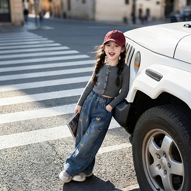 把图1的裤子给图的2的人物穿上，保留原场景光影，保持图2的人物的上身穿着不变，五官和发型不变，图片宽高尺寸不变，背景不变，人物姿势不变，保持图1的裤子的款式和颜色不变