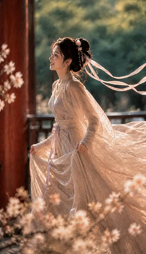 工笔风与重拟物结合，柔光晕染中展现古典中式之美，女子身着素雅汉服，步履轻盈于花间，光影交错间尽显优雅浪漫。