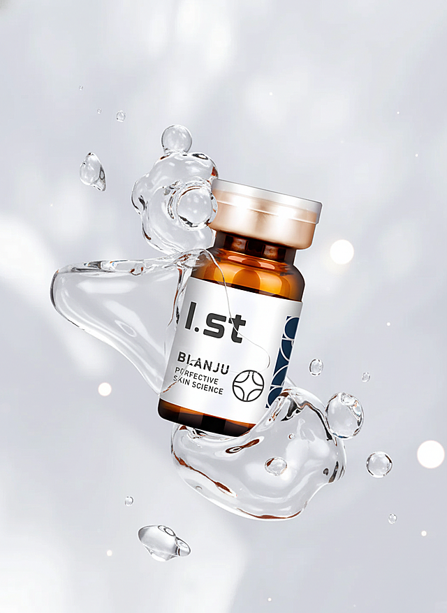 为图1的商品生成图2的同款视觉，有一部分液体在产品上，液体都是透明的