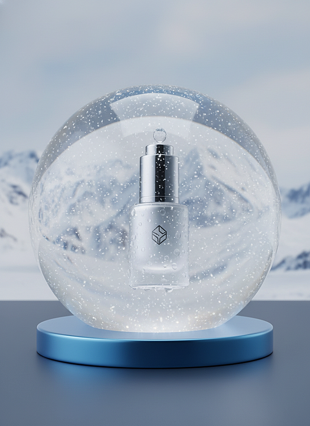 清透玻璃球内悬浮科技感瓶身，微缩艺术构图，3D渲染极简主义设计，未来感雪景背景，冰蓝基座呼应纯净主题。
