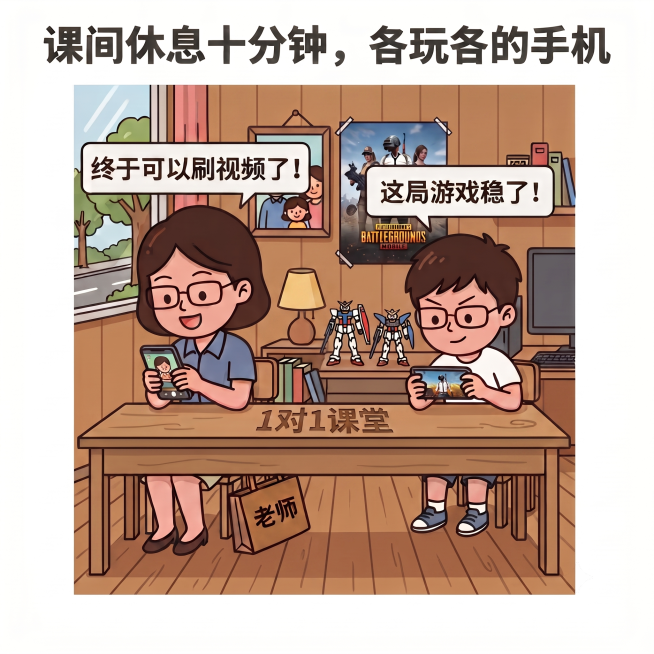 去掉图片中间的分割竖线，将女老师和男学生都放在同一个场景的同一张刻有"1对1课堂"的桌子两边，面对面坐着各玩各的手机，老师刷视频，男生打游戏，标题保留为"课间休息十分钟，各玩各的手机"，对话框文字不变预览效果