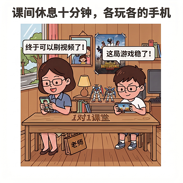 去掉图片中间的分割竖线，将女老师和男学生都放在同一个场景的同一张刻有"1对1课堂"的桌子两边，面对面坐着各玩各的手机，老师刷视频，男生打游戏，标题保留为"课间休息十分钟，各玩各的手机"，对话框文字不变，统一家庭场景，保持卡通漫画风格与原图一致