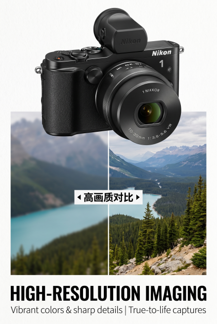 2:3 竖版跨境电商详情页第七屏，严格还原上传的 Nikon 1 系列微单相机产品图，所有细节、尺寸比例 1:1，美式对比风，杂志式左右分栏排版。左栏为普通相机拍摄的模糊风景图，右栏为 Nikon 1预览效果