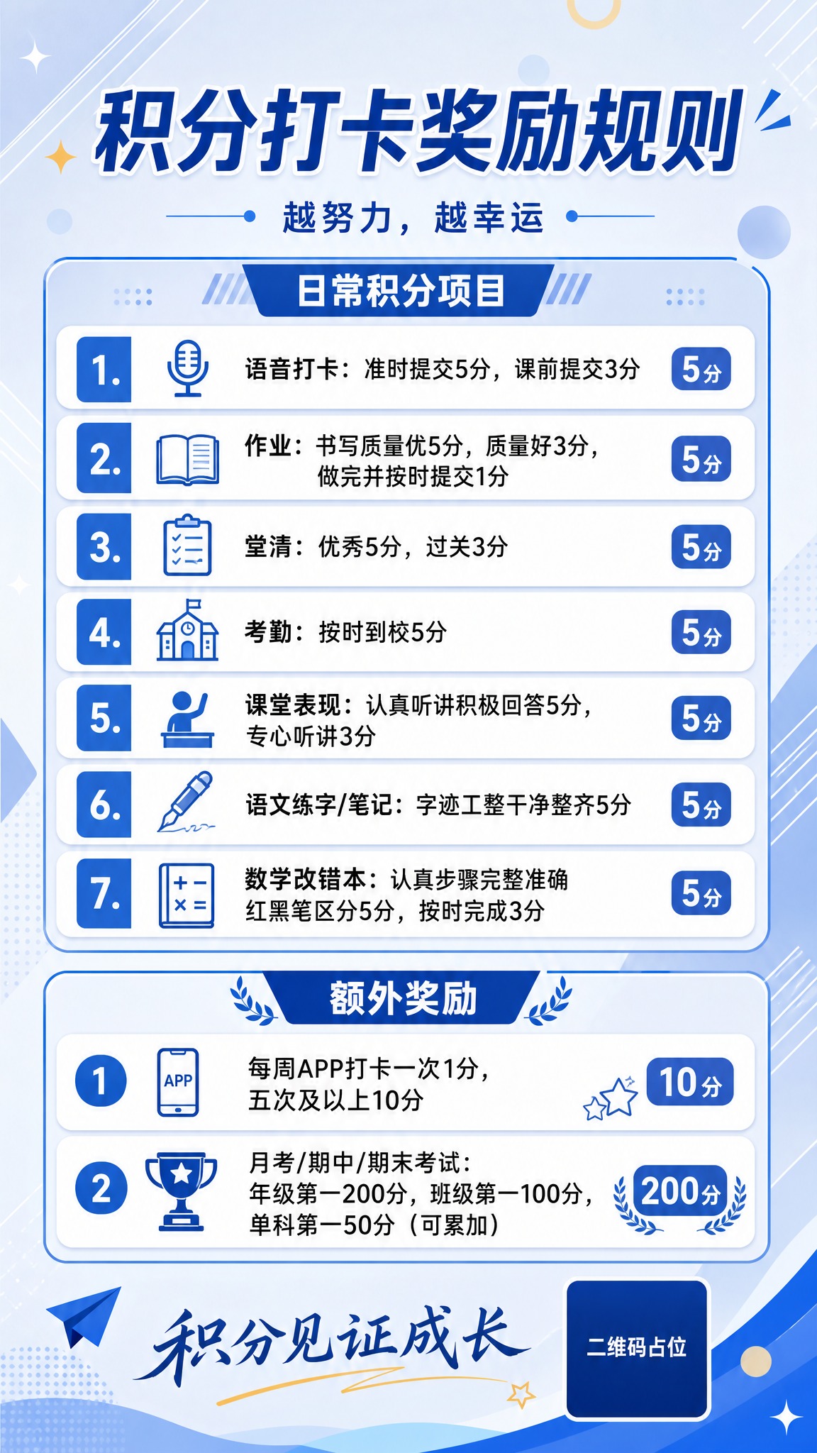 一张竖版初中校园风格的积分打卡奖励规则海报，9:16比例，简约… - 图片创意预览