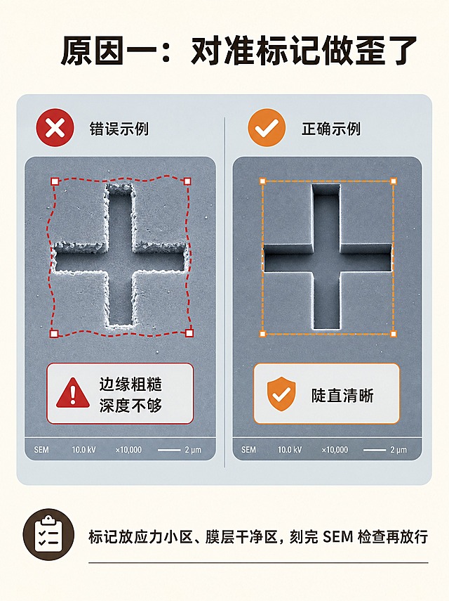 原因一讲解图，米白色背景。顶部标题“原因一：对准标记做歪了”，深棕黑色字体。中部为淡灰蓝色底圆角卡片，模拟SEM视野，左右对比布局。左侧为错误示例，左上角红色叉标，展示对准标记边缘粗糙、坑洼、深度浅，外圈识别框明显抖动，标注文字“边缘粗糙 / 深度不够”。右侧为正确示例，左上角橙色勾选标，展示对准标记边缘陡直干净、深度足够，识别框稳稳咬住标记，标注文字“陡直清晰”。底部一句话总结：“标记放应力小区、膜层干净区，刻完 SEM 检查再放行”。专业科技感、扁平插画风格、清晰对比。