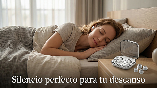 Una mujer europea descansando en una cama moderna, usando tapones para los oídos de reducción de ruido con su estuche transparente al lado. La escena es tranquila y relajante, iluminación suave, estilo fotográfico realista. Los tapones para los oídos son blancos con detalles metálicos plateados, como en la imagen de referencia. Texto en español: "Silencio perfecto para tu descanso".