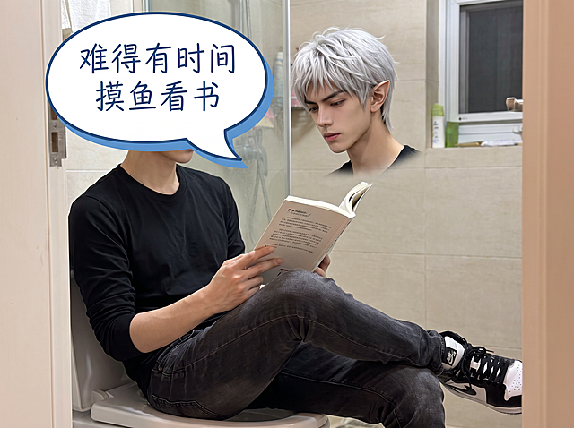 保留原图人物外貌服装，年轻亚裔痞帅阳光风格男生，银白有翘分层短发，尖小耳，头宽偏小，锐利感、紧凑比例、暗黑阴痞气质，不改动五官发型，身穿黑色上衣和深色牛仔裤，在家中厕所坐在马桶上看书，自然真实视觉风格，单人活动，神情专注又带点散漫，符合场景逻辑和生活常识，高双商外倾型，外在桀骜气质内在温柔，画面中有中文对话气泡，内容为“难得有时间摸鱼看书”，4:3比例