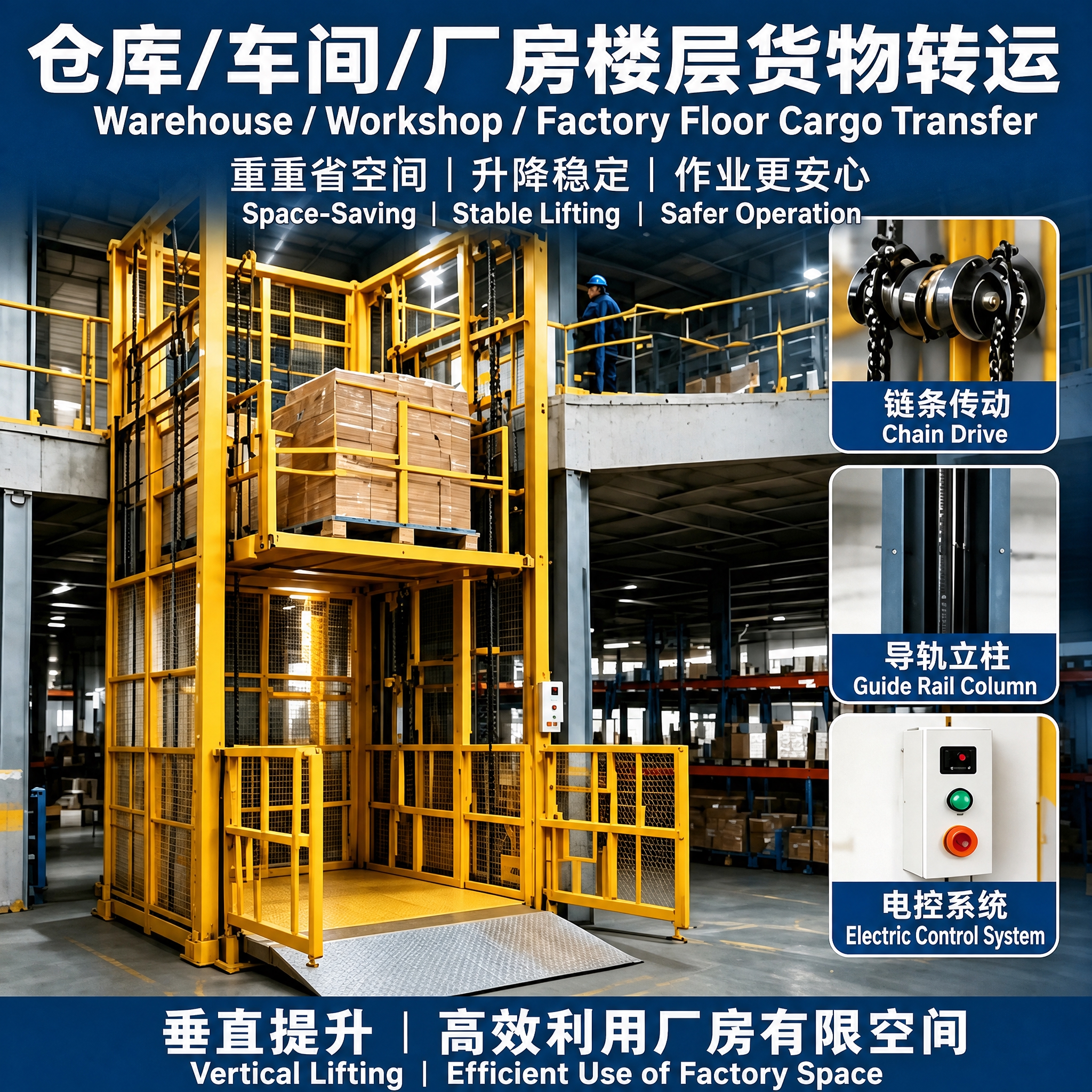 基于这张工业升降货梯的宣传图进行图片文字翻译修改： 1. 保留… - 图片创意预览