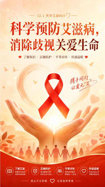 防艾主题宣传海报，传递科学预防、消除歧视、关爱生命理念，暖色调，温暖治愈风格，画面包含手掌和红丝带元素，整体温馨充满希望，整体构图均衡，文字醒目清晰，突出"科学预防艾滋病，消除歧视关爱生命"主题预览效果