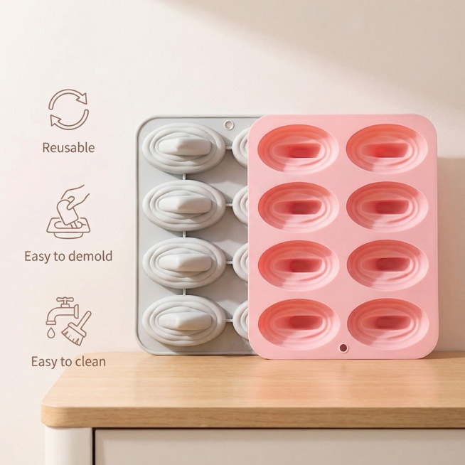 Show the three core selling points of silicone mold: Reusable, Easy to demold, Easy to clean. Place预览效果