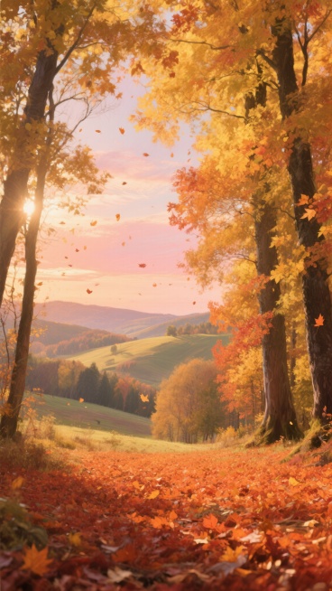 户外场景，印象派风格，画面以浓郁的金黄色调为主，温暖的午后阳光透过茂密的枫树林洒下斑驳光影，地面覆盖着厚厚的橙红色落叶，远处是连绵起伏的丘陵，天空呈现出柔和的橘粉色晚霞，空气中漂浮着轻盈的落叶，整体氛围宁静而富有诗意，展现出秋日森林的绚烂与静谧之美预览效果