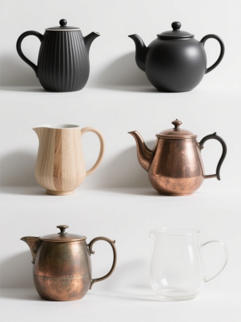 六个不同样式、不同种类的茶壶，每个茶壶具有独特的造型设计和材质纹理，包括但不限于类似原图的黑色条纹哑光质感茶壶、光滑陶瓷茶壶、带有木纹细节的茶壶、复古铜制茶壶、简约玻璃茶壶等，均以白色为背景，整齐排列成一行或两行，保持统一的光线照射角度，呈现柔和的阴影效果，整体画面干净简洁，突出茶壶的形态美感和材质差异，具有产品展示海报的视觉层级和信息传达效率。预览效果