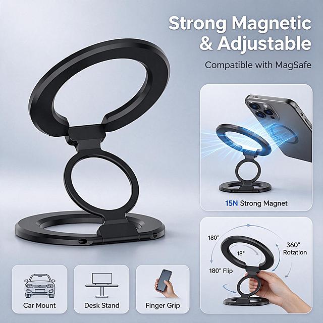 [主图-2] Magnetic Phone Ring Holder 核心价值卖点图，强磁吸附+多角度调节双核心卖点。
[统一基调] 跨境科技信息图风格，浅冷灰色渐变背景，主色为深空灰+科技蓝点缀，字体为无衬线粗体英文，标题白色/深灰对比，卡片圆角矩形，整体克制高级。
[画面] 画面左侧为黑色磁吸指环支架主视觉，占画面约45%，支架展开至最佳观看角度呈倾斜状态。右侧分上下两个核心卖点区块：上方卖点配磁吸吸附示意图——一部智能手机背面靠近指环支架顶部磁吸环，磁吸接触面有淡蓝色磁力线光效，证明强磁吸附；下方卖点配角度调节示意图——用半透明弧线箭头展示指环可0°-180°翻转、360°旋转调节，标注多角度调节。画面底部横向排列3个小图标卡片：分别代表车载使用、桌面使用、手持握持三种使用场景，每个图标配极简线条图形。
[光影质感] 商业产品摄影质感，产品光影与首图一致，金属质感真实，背景为柔和渐变，光效元素精致不夸张。
[配色] 背景浅冷灰渐变，产品黑色，科技蓝作为高亮色和光效色，文字深灰/白色，图标线稿深灰。
[文字版式] 右上角大标题："Strong Magnetic & Adjustable"，副标题小字："Compatible with MagSafe"。每个卖点配短英文标签："15N Strong Magnet"、"360° Rotation"、"180° Flip"。底部三个场景图标下方分别标注："Car Mount"、"Desk Stand"、"Finger Grip"。文字全部为英文无衬线粗体，标题最大，说明文字缩小50%以上，放在负空间不遮挡产品。
[输出要求] 1:1正方形，2K分辨率，文字清晰可读，产品清晰不变形，整体视觉统一。负向：中文文字、水印、平台Logo、产品变形、结构错误、模糊、杂乱元素、夸张光效、人物。