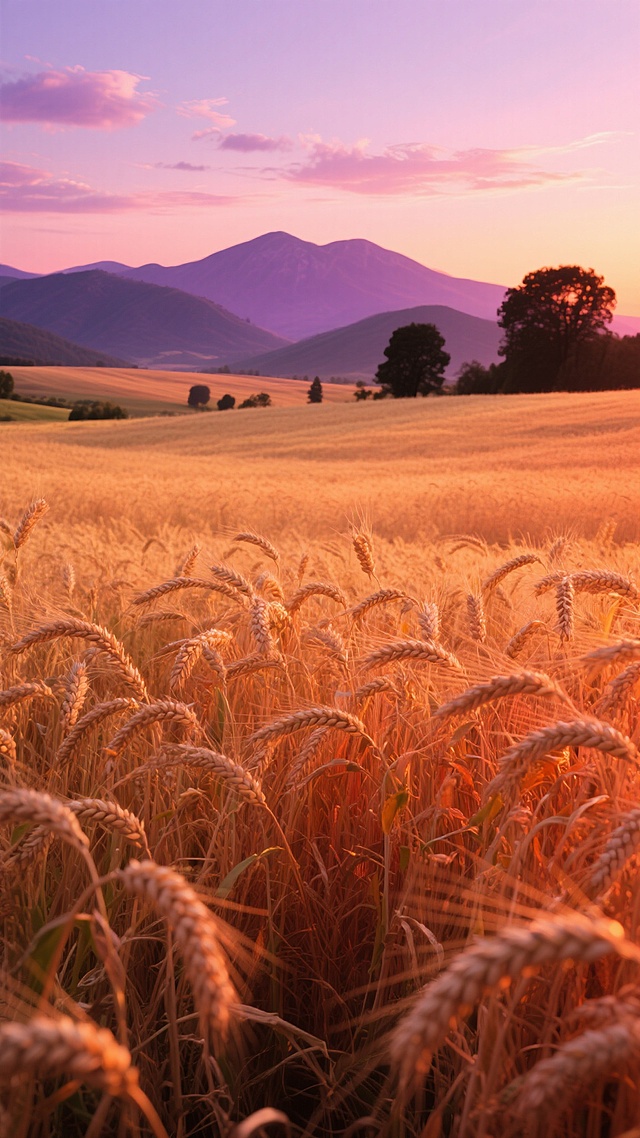 金黄的麦田在夕阳下泛着温暖的橙红色光芒，麦穗沉甸甸地随风轻摆，远处是连绵起伏的紫色山脉和几棵剪影般的树木，天空被染成渐变的粉紫色，点缀着几朵飘逸的云彩，营造出宁静而壮丽的田园黄昏景象。