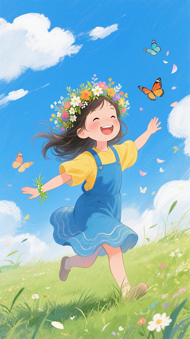 清新水彩插画风，卡通女孩花环点缀，戴着花团锦簇的花圈，散着飘逸的长发，手上戴着青草做的手链，笑的很开心，蓝天白云下奔跑，蝴蝶环绕，春日氛围浓厚，整体画风清新明快，充满童真与活力。
