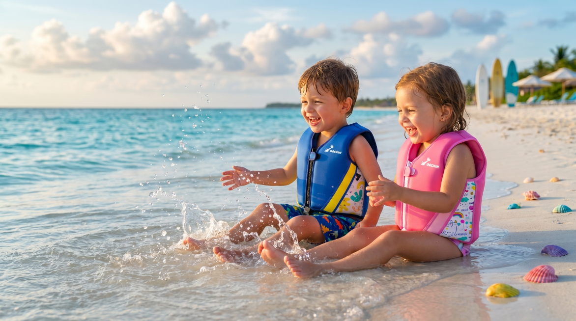 8K 超高清，极致写实，专业儿童海滩摄影，人物放置在画面靠右侧区域，4岁欧美小男孩和4岁欧美小女孩，在夏日黄金时段的白沙滩浅水区嬉戏，小男孩穿着参考图1里的蓝色儿童救生衣，小女孩穿着参考图2里的粉色儿预览效果