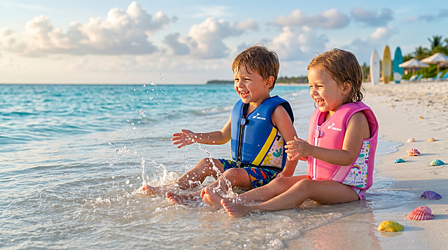 8K 超高清，极致写实，专业儿童海滩摄影，人物放置在画面靠右侧区域，4岁欧美小男孩和4岁欧美小女孩，在夏日黄金时段的白沙滩浅水区嬉戏，小男孩穿着参考图1里的蓝色儿童救生衣，小女孩穿着参考图2里的粉色儿童救生衣，救生衣的图案、品牌标识OBCXIN和结构细节必须1:1精准还原，孩子们互相泼水追逐，笑容灿烂动作活泼，晶莹水花飞溅，背景是湛蓝大海、洁白云朵，远处有冲浪板和沙滩伞，洁白沙滩上散落着彩色贝壳，光影通透自然，皮肤纹理、救生衣材质、水花细节100%还原，画面充满童趣活力，电影级光影，商业级质感，16:9宽画幅，无畸变