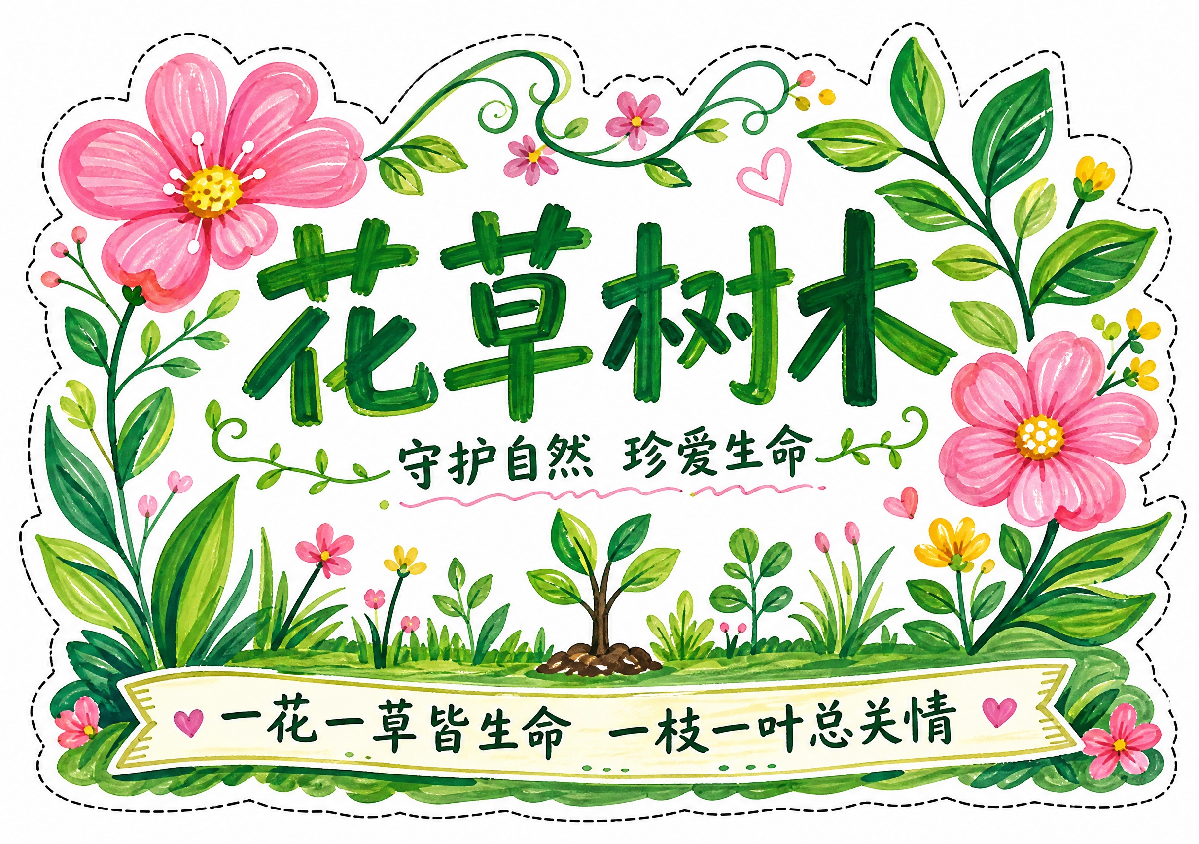 花草树木主题异形创意卡片设计，横版A4尺寸（297×210mm… - 图片创意预览