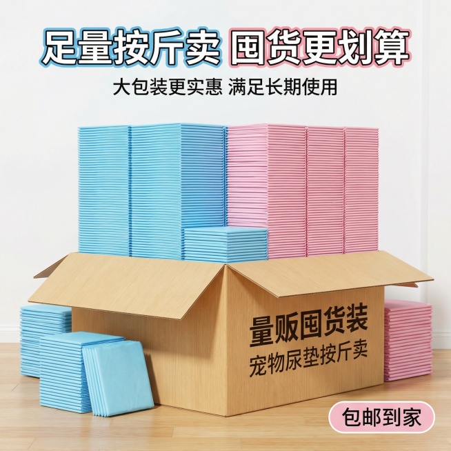 [主图 5] 量贩实惠促销展示
[主图主题] 宠物尿垫按斤量贩囤货装展示
[氛围/风格] 量大实惠，整齐壮观，突出性价比
[画面元素] 画面中整齐堆叠大量蓝粉色宠物尿垫，满满一大箱堆放在浅木色地板上，预览效果