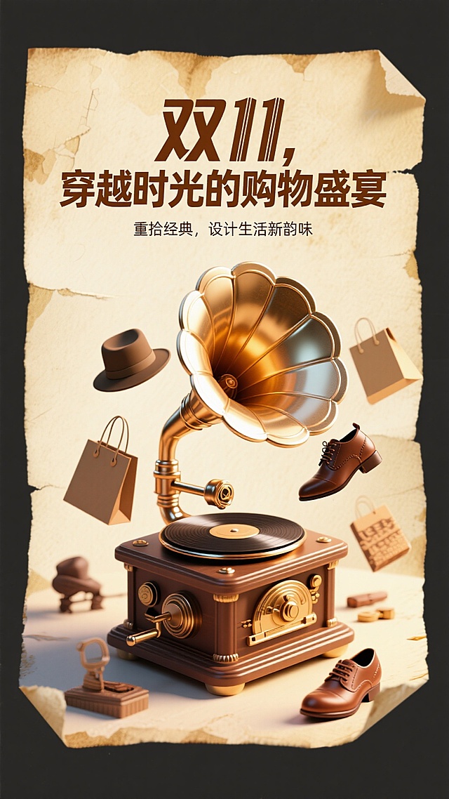复古感与鎏金风交织，3D重拟物设计呈现古典留声机，搭配撕纸风背景，营造奢华优雅的双11购物盛宴氛围。