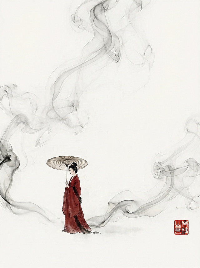 唐代极简美学，红衣仕女持油纸伞，行走在水墨意境中，烟雾如墨，大面积留白，朱红印章，雅致清冷，高级质感，无多余元素