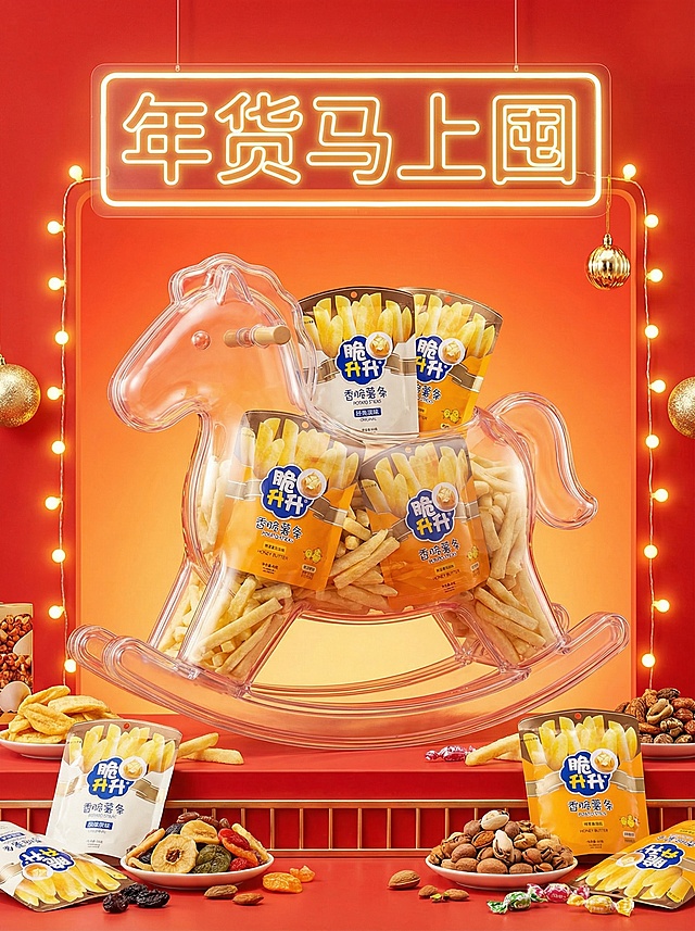年货节主题海报，主体是一个胖胖的透明的 “摇摇马” 容器，里面被多个图中主体填满，背景是红橙渐变的明亮橙红调，搭配灯带、金色装饰球，底部是红色展台，展台旁是散落的各种零食，营造出热闹的年货促销感。海报上方有灯牌写着 “年货马上囤”，整体呈现可爱喜庆写实风。