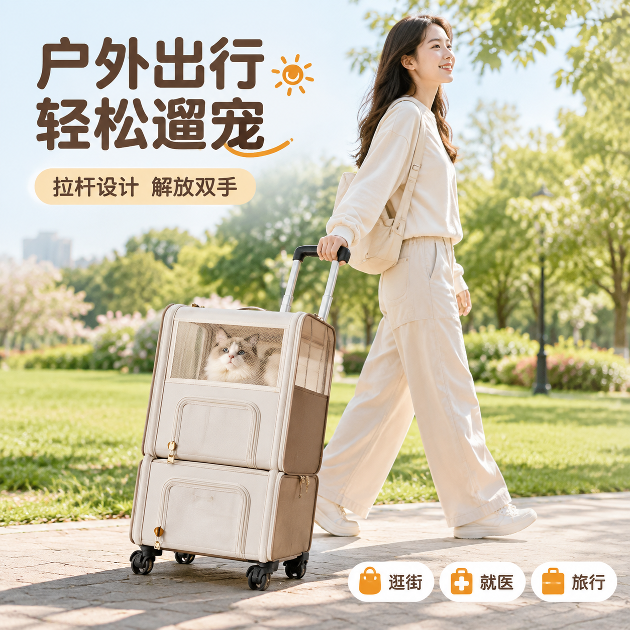 [主图-4] 场景与适配 宠物拉杆包户外行走使用场景 展示便携… - 图片创意预览