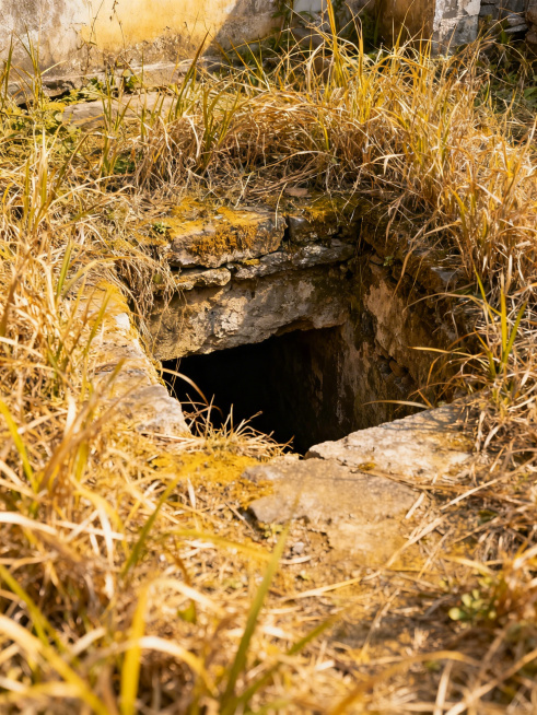 吴山民故居秘密逃生隧道入口遗址照片，隧道入口藏在地下室厕所旁，洞口被荒草杂草环绕，仅能看到洞口遗迹，保留历史沧桑感，真实纪实摄影风格预览效果