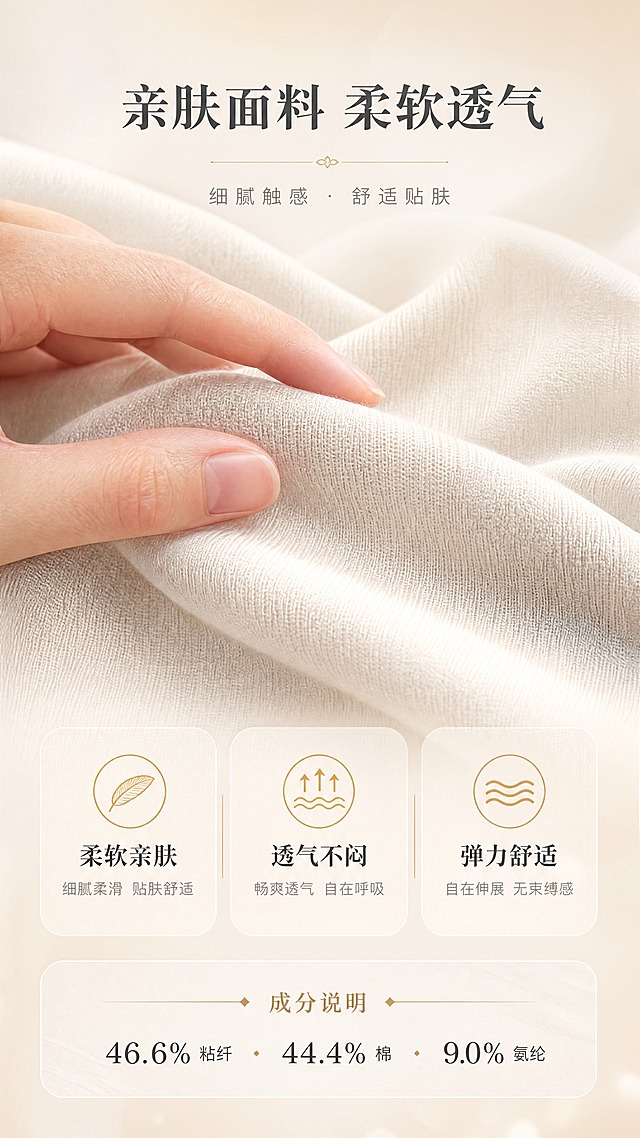 [商品] 使用【图1】白色款面料局部、【图2】灰色款面料纹理；保留针织面料纹理、柔软质感、成份特性；商品处理：增强面料织纹细节和柔软垂坠感，展示面料弹性和透气特质，不改变材质观感。
[画面] 目标：面料工艺页，突出亲肤透气柔软质感。构图：上半部分为面料微距特写（手指轻触面料展示柔软），下半部分为3个面料卖点图标+成份说明。主体占画面60%，景别为微距特写+信息组合。阅读动线从上到下。前景手部触感+面料纹理，中景面料特写，后景浅米色渐变+柔和光晕。
[视觉] 套系策略：风格=高级简约轻奢女装商业摄影；标题字=优雅衬线粗体；正文字=简洁无衬线体；主色=浅米色；背景延展=基于浅米色做深浅层级、同色渐变和细腻纸张/织物质感；强调色=金色，仅用于小面积图标、引线、标签和装饰线条；标题色=深炭灰；正文色=中暖灰；组件=圆角浅底信息卡、金色细线引线、极简标签；光影=柔和侧光，突出面料纹理。
[文字] 顶部主标题「亲肤面料 柔软透气」。下方3个卖点横排：「柔软亲肤」「透气不闷」「弹力舒适」。底部成份说明：46.6%粘纤 · 44.4%棉 · 9.0%氨纶。文字横排，清晰可读。
[规格] 图片比例9:16竖版，4K分辨率，负向提示：避免变形、错字、文字过小、冷蓝背景、面料质感失真、极限词、平台Logo水印。