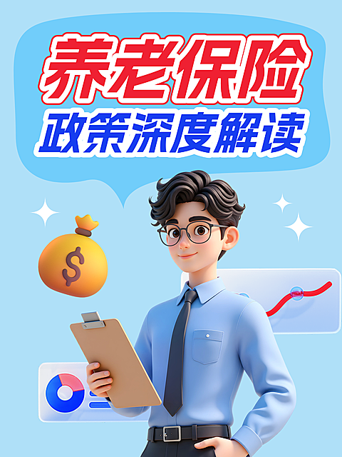 养老保险政策解读3D商务卡通风小红书封面图
