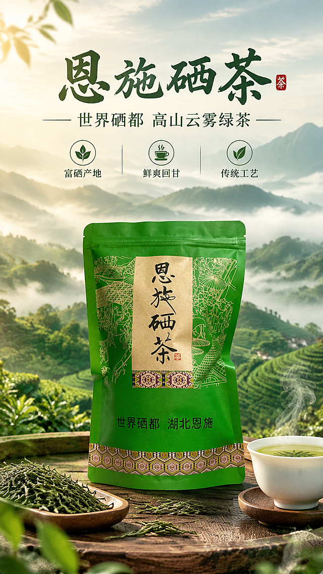 [商品] 使用【图1】恩施硒茶绿色自封袋包装；保留绿色袋身、米黄底书法"恩施硒茶"字样、红色茶字印章、底部"世界硒都 湖北恩施"黑色文字、民族纹样装饰带、两侧金色线描图案；袋身文字清晰可辨，不改变包装结构、颜色和材质。
[画面] 目标：头图主视觉，突出恩施硒茶产地价值与东方茶韵。上文下图构图，产品置于画面中下部占约55%，正面微侧摆放于原木茶盘上；前景散落少许干茶芽叶、一只白瓷茶杯盛有淡绿茶汤、蒸汽袅袅上升；中景产品主体；背景虚化的高山云雾茶园远景与晨光，三层景深层次分明。
[视觉] 套系策略：风格=东方新中式雅致商业摄影；标题字=书法宋体结合的中式标题字体；正文字=简洁宋体；主色=恩施茶绿；背景延展=基于茶绿做深浅渐变、云雾层次与自然山林质感；强调色=米黄+朱红，仅用于小面积印章、标签和图标点缀；标题色=深墨绿；正文色=深灰绿；组件=米黄底纹信息卡、细线引线、茶叶形图标；光影=左前侧柔和自然光，带晨雾通透感。
[文字] 上部留白放主标题"恩施硒茶"，副标题"世界硒都 高山云雾绿茶"，下方3个短卖点图标：「富硒产地」「鲜爽回甘」「传统工艺」；文字全部横排，不遮挡袋身主标题和产地文字。
[规格] 图片比例9:16竖版，4K，负向：变形、错字、文字过小、包装文字错乱、冷蓝灰背景、产品颜色改变、袋身褶皱夸张、二维码、平台Logo。
