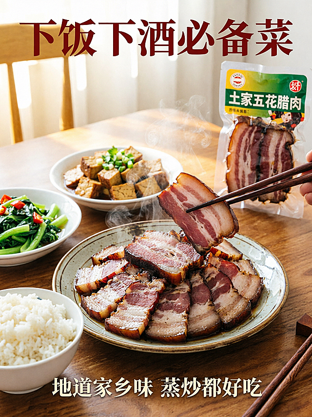[主图-4] 土家五花腊肉食用场景图，增强代入感唤起购买欲。氛围风格为温馨居家年夜饭氛围，生活感强。画质要求商业美食摄影，暖调通透，自然真实。画面元素：切好的腊肉蒸好摆放在中式瓷盘里，旁边搭配米饭和其他家常菜，筷子夹起一块腊肉展示肥瘦厚度，真空包装产品放在餐桌一角做展示。保持原产品包装和腊肉外观颜色纹理与输入产品图绝对一致，杜绝任何变形色差。主体产品+餐盘占比65%，满屏无边框。光影：室内柔暖黄光，温馨有食欲，明暗层次自然。配色：主色调腊肉红棕+餐具米白+桌面木色，暖调温馨。视角构图：平视桌面生活化构图，景深自然。文字版式：顶部大字"下饭下酒必备菜"深红粗体，底部小字"地道家乡味 蒸炒都好吃"浅色，文字不遮挡菜品主体。生成图片比例为3:4，画面超高清。负面提示词：变形，文字错乱，产品图模糊，背景杂乱，水印，电商平台Logo，绝对化违规词