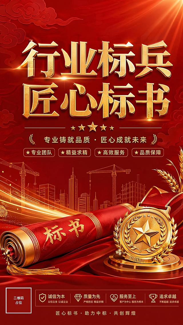 正式商务展板风格宣传海报，主色调正红色搭配鎏金色，大气庄重的党政商务风格，居中放置烫金大字"行业标兵 匠心标书"，背景带有暗纹祥云、麦穗和建筑工程线条，点缀立体标书卷轴、荣誉勋章、五角星元素，整体覆盖柔和金色光效，高清质感，8K超清，文字清晰锐利不模糊，无杂乱水印，画面中所有二维码区域使用纯色方块占位符呈现，方块中央标注"二维码占位"文字，严禁生成任何可识别的二维码图案，画面中所有数字必须精确渲染，不得错位、遗漏或编造