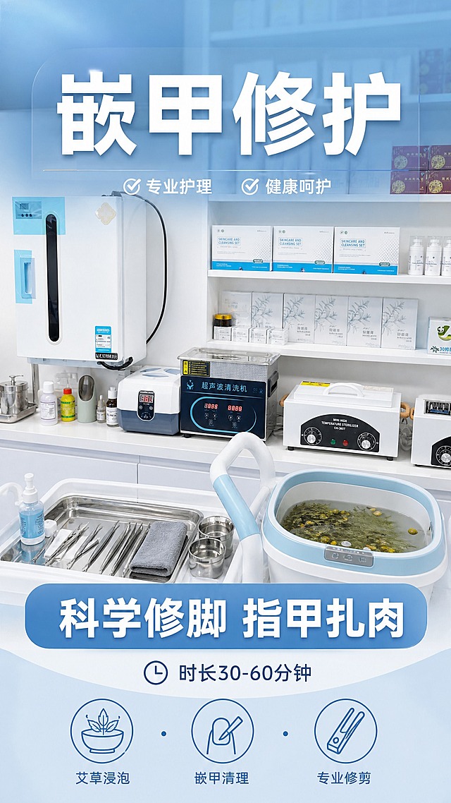 抖音团购大字头图，蓝色医疗色调，干净专业的足部护理门店风格，轻专业质感，商业摄影质感，光线柔和通透，画面干净高级。主色调为医疗蓝+白色，低饱和蓝色为主，搭配温润米白与浅灰背景。均匀柔和影棚布光，整体明亮通透，无明显硬阴影。平视正面居中构图，画面满屏无边框，版式精美。

画面结构：
1. 顶部大字号主标题："嵌甲修护"，白色粗体大字，叠加在半透明蓝色色块上，视觉冲击力强。
2. 中部主视觉（约占60%）：专业足部护理操作台场景，摆放着修脚护理工具、消毒设备、草本浸泡足浴盆，氛围专业严谨，干净整洁，真实可信不夸张。
3. 核心卖点区：大号醒目文字"科学修脚 指甲扎肉"，放在蓝色圆角条内，突出核心卖点。
4. 下方小字补充："时长30-60分钟"，简洁明了。
5. 底部小标签："艾草浸泡 · 嵌甲清理 · 专业修剪"，小图标+短句排列。

不要太多字，简单明了，重点突出项目名称和核心卖点。画面中所有数字必须精确渲染，不得错位、遗漏或编造。所有信息区域填充完整，无空白占位。不出现人物面部。