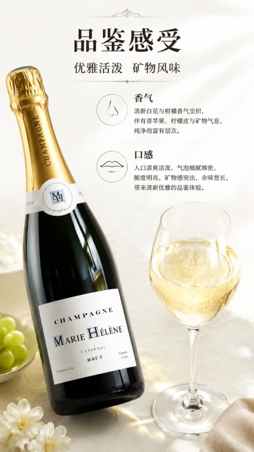 [第4屏] 品鉴感受展示屏，玛丽海伦香槟一级园。本屏使用【图1】作为产品主体，搭配酒杯细节。
[氛围/风格] 优雅氛围感，高级品酒场景，柔和自然光影，轻奢质感。
[元素布局] 左侧放置斜放的香槟瓶，占预览效果