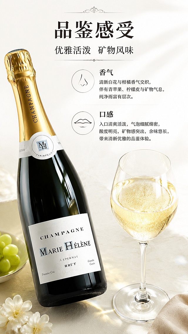 [第4屏] 品鉴感受展示屏，玛丽海伦香槟一级园。本屏使用【图1】作为产品主体，搭配酒杯细节。
[氛围/风格] 优雅氛围感，高级品酒场景，柔和自然光影，轻奢质感。
[元素布局] 左侧放置斜放的香槟瓶，占比约50%，右侧放置盛有香槟的高脚杯，杯中呈现稻草色泽的酒液，杯壁带有细密气泡，背景搭配浅色简约桌面，保留瓶身外观与输入图一致。
[光影质感] 柔和侧光，突出酒液清澈通透感和气泡细密质感，瓶身和酒杯都有自然高光，阴影层次柔和。
[配色色系] 全局底色 #fcfbf9，主色深绿瓶身、浅金色酒液，辅助色深灰文字。
[视角构图] 左右分栏构图，产品在左酒杯在右，平衡稳定，阅读动线从上到下。
[文字版式] 顶部主标题「品鉴感受」，副标题「优雅活泼 矿物风味」，正文介绍香气和口感特征，保持首屏字体风格，文字排版清晰不遮挡主体。
[比例分辨率] 9:16 竖版比例，4K分辨率，文字清晰可辨，高清画质。
[负向提示词] 产品变形，颜色偏差，文字错乱，文字过小，背景杂乱