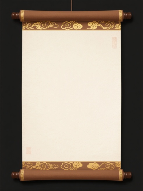 一幅中国传统画卷，画卷主体为米白色宣纸，上下两端为棕色卷轴，卷轴边缘有金色祥云纹样装饰，整体呈现出古朴典雅的氛围，具有浓厚的中国传统文化气息。预览效果