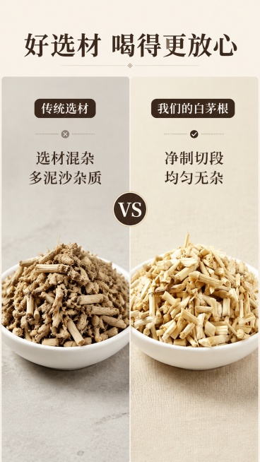 [第2屏] 痛点对比-传统选材 vs 我们的白茅根。本屏使用【图1】【图7】分别作为左右对比图。
[氛围/风格] 清晰对比说明风，真实可信，保持产品真实质感。
[元素布局] 屏幕左右分栏对比：左侧展示预览效果