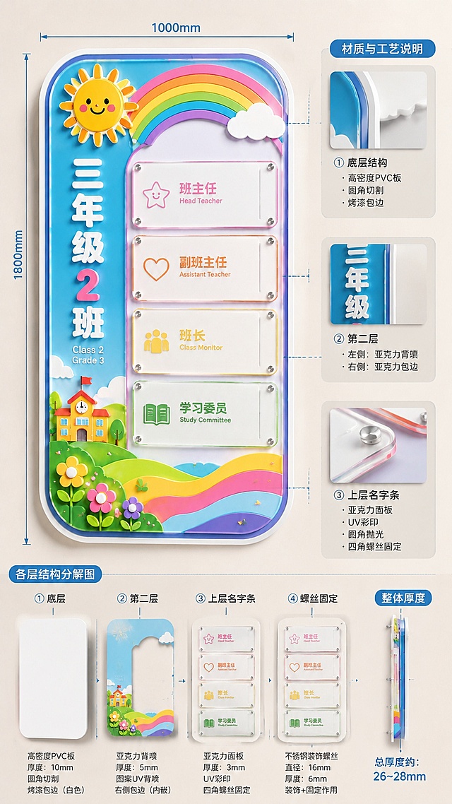 为该班级标识牌添加材质和尺寸分解标注，标注出底层高密度pvc、圆角切割、烤漆包边，第二层左侧亚克力背喷、右侧包边，上层亚克力4格名字条各层结构，保留原图尺寸1000*1800和彩虹活力浅彩色调