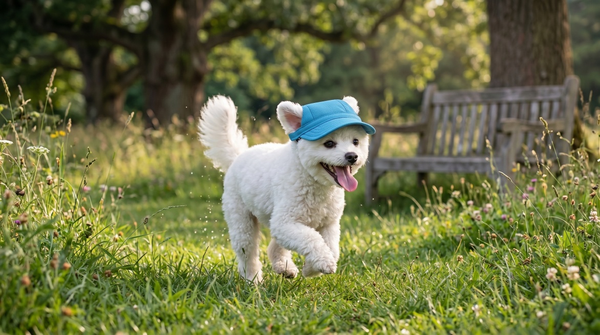 白色小狗戴着浅蓝色宠物鸭舌帽，在户外公园开心玩耍，保留帽子的主体特征，超清画质，细节丰富，真实自然风格预览效果