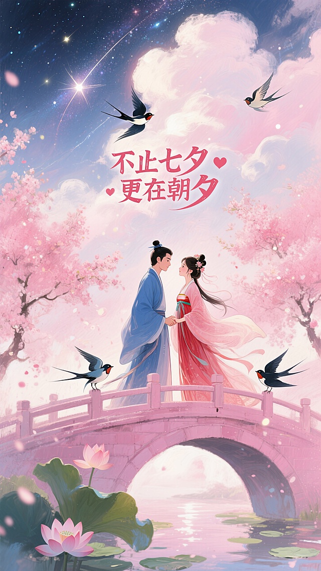 中国古代传统风格，古风情侣身着飘逸古装，深情对视，男子身穿蓝衣，女子身穿红衣。背景是银河，云朵，喜鹊在空中飞翔，画面整体呈现浪漫的粉色调。 一对身着古装的卡通情侣在粉色拱桥上对视牵手，背景有盛开的粉色花树、2只喜鹊、桥下有荷叶荷花 ，甜蜜浪漫的七夕氛围。 文字“不止七夕 更在朝夕”，文字穿插点缀爱心和喜鹊。高级感。