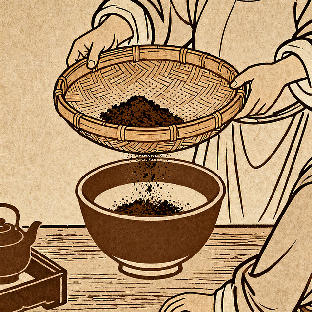 画面内容为宋代斗茶场景中的罗茶动作，侧重展现筛滤茶末动作，减少人物占比，整体色调统一为茶色、酱油色，风格简洁线条扁平化，带有复古历史感，仿照清明上河图的创作风格绘制