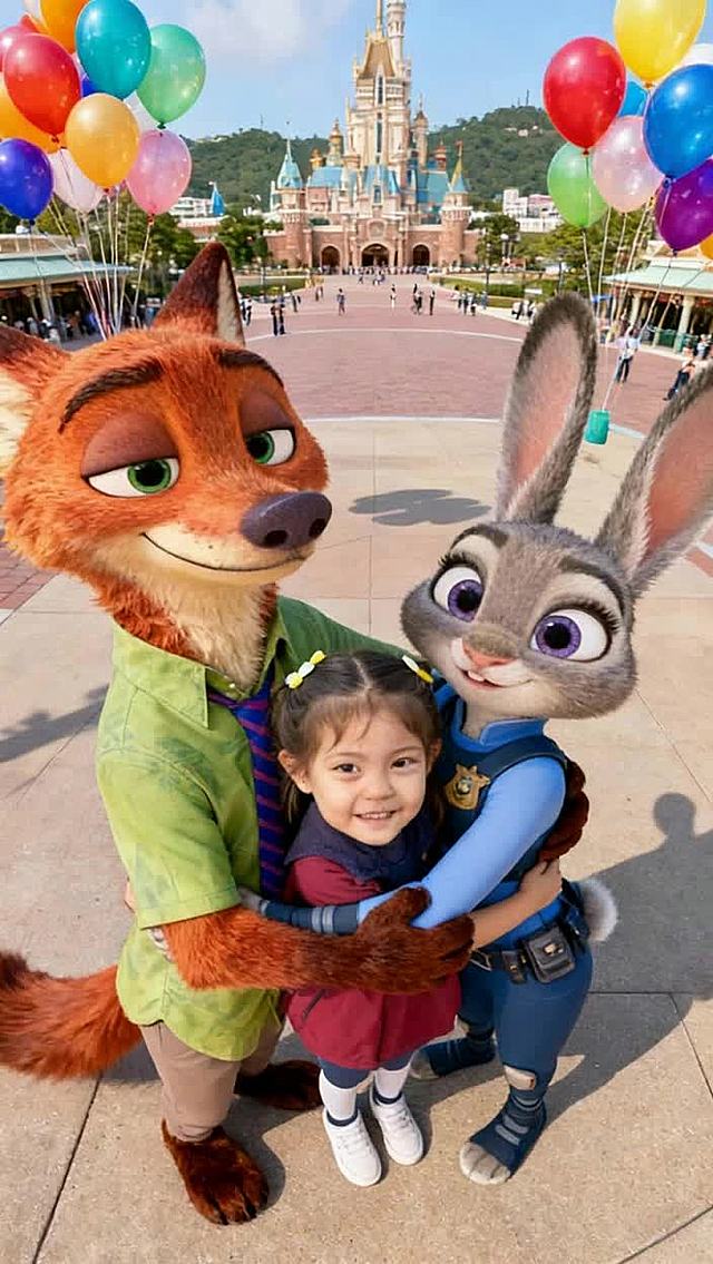 卡通感3D角色风，虚拟现实场景融合真实乐园，色彩鲜艳的气球点缀，节日氛围浓厚。