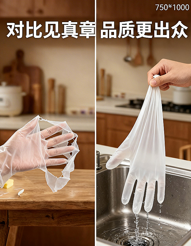 参考提供的两张一次性TPE手套详情页的温馨居家厨房风格、白色粗体大字+圆角透明标签排版逻辑，生成第3张详情页对比页：画面左右分栏，左侧展示普通薄手套一扯就破的效果，右侧展示本款TPE手套拉扯不变形、装水不漏水的效果，上方大字“对比见真章 品质更出众”，整体750*1000尺寸，和参考图风格完全统一