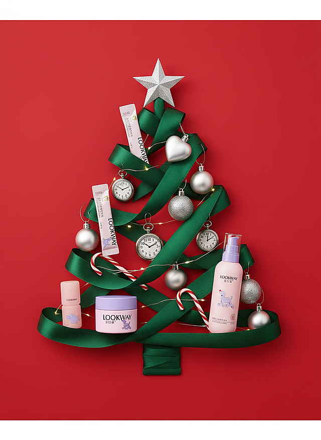 深绿色丝带缠绕成圣诞树造型，树上点缀参考图的美妆产品，搭配银色圣诞球、心形装饰、复古怀表、拐杖糖等元素，红色背景。