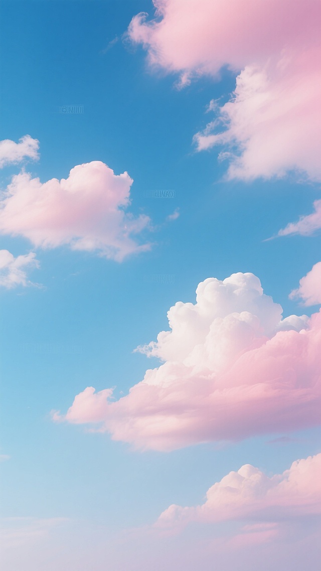 一张高清的天空背景图，画面中是由浅到深的渐变蓝色天空，天空中漂浮着形态各异的云朵，云朵呈现出柔和的粉色和白色渐变，整体画面给人一种清新、浪漫、梦幻的感觉，光影柔和，色彩过渡自然，没有任何水印和文字信息。